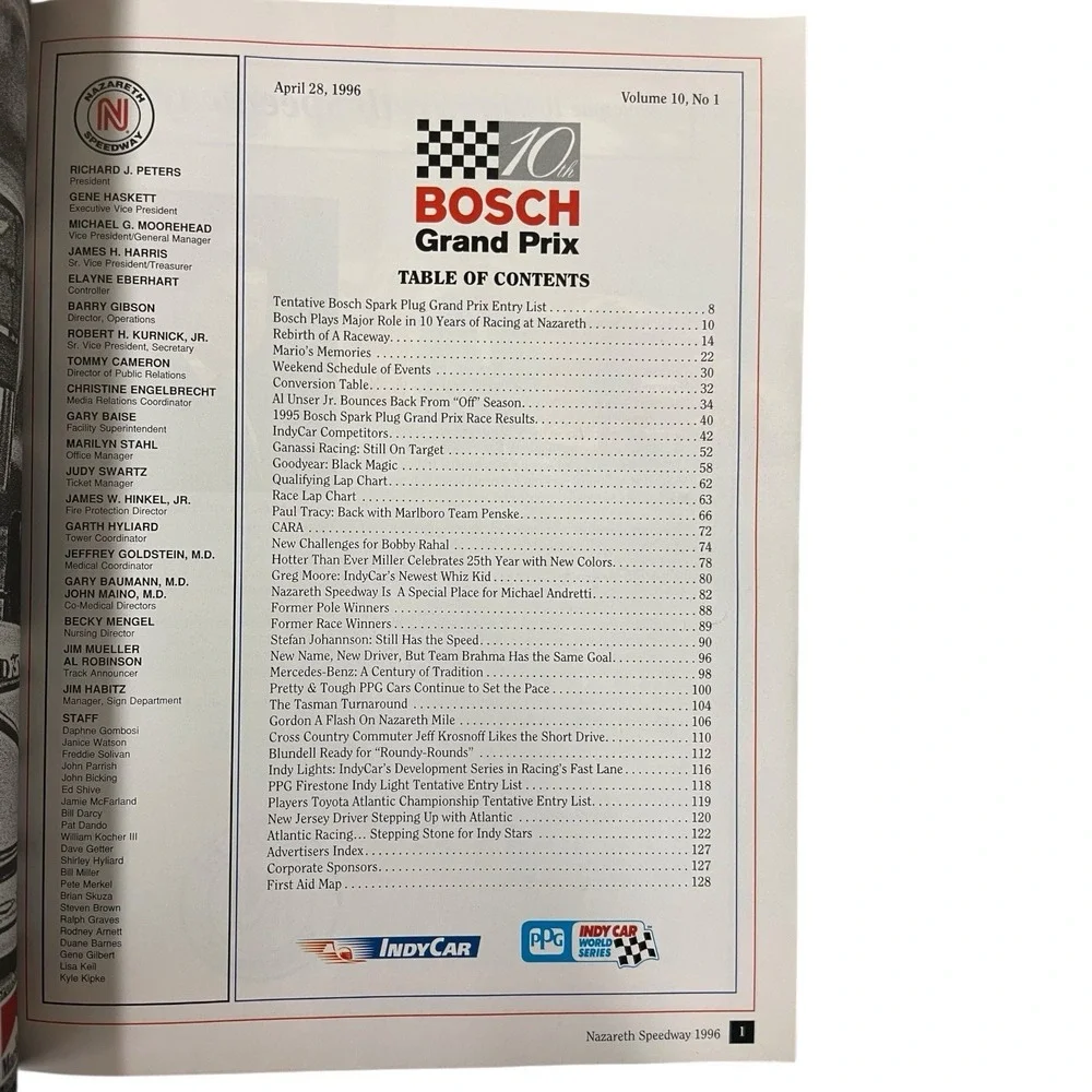 1996 INDY Car‎ Bosch Grand Prix Nazareth Speedway Program
